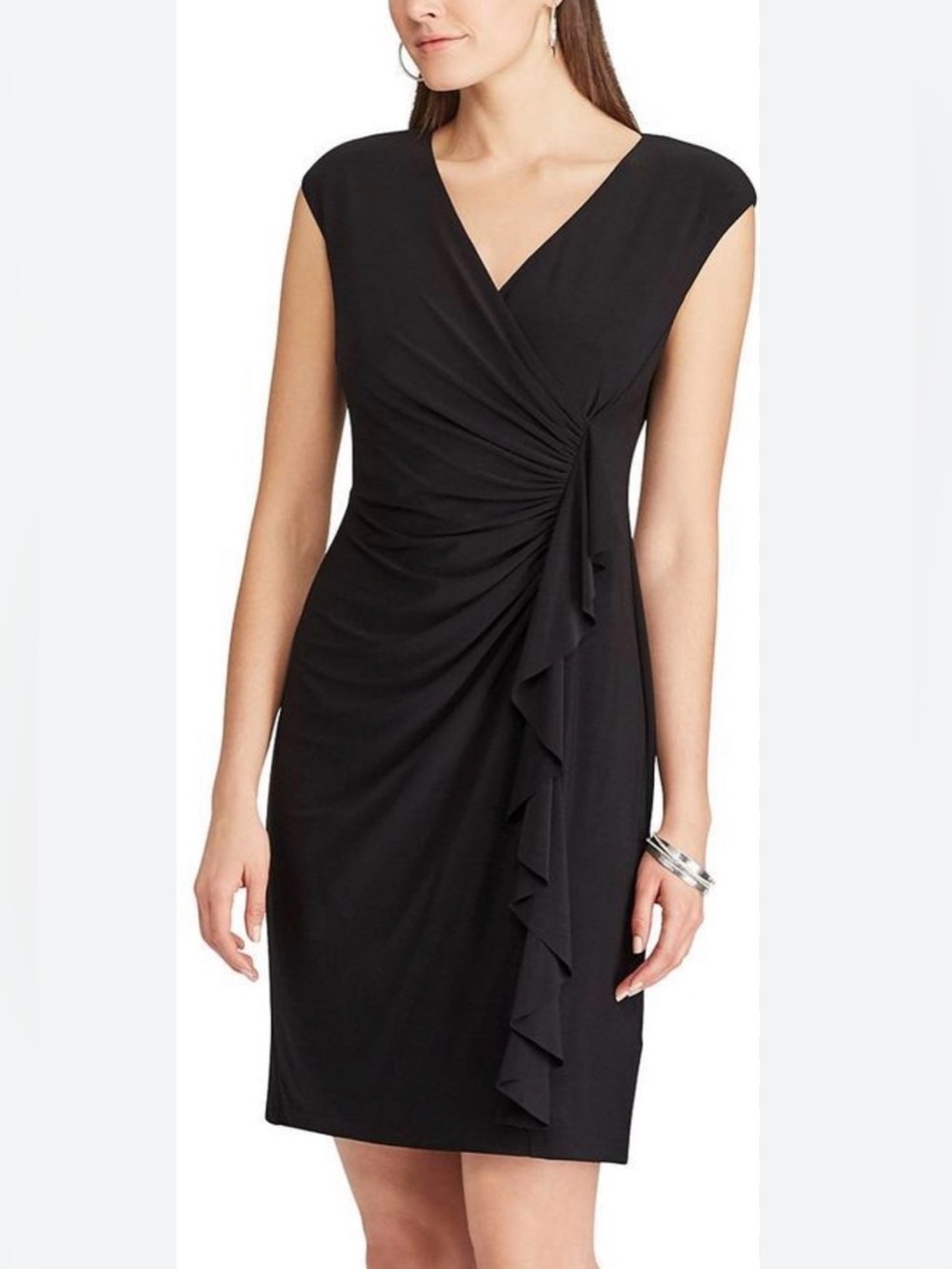 Chaps Black Draped V‑Neck Midi Dress